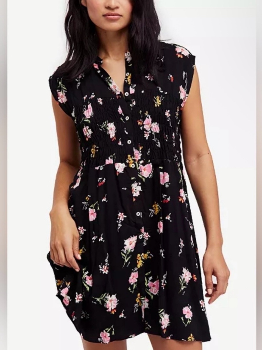 Free People Greatest Day Floral Smocked Mini Dress Black Size S